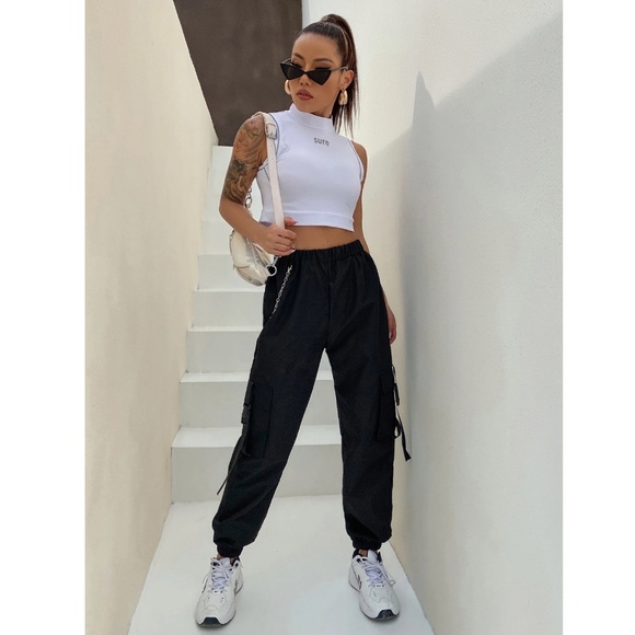 Black Cargo Pants Drawstring Pockets - Picture 2 of 8